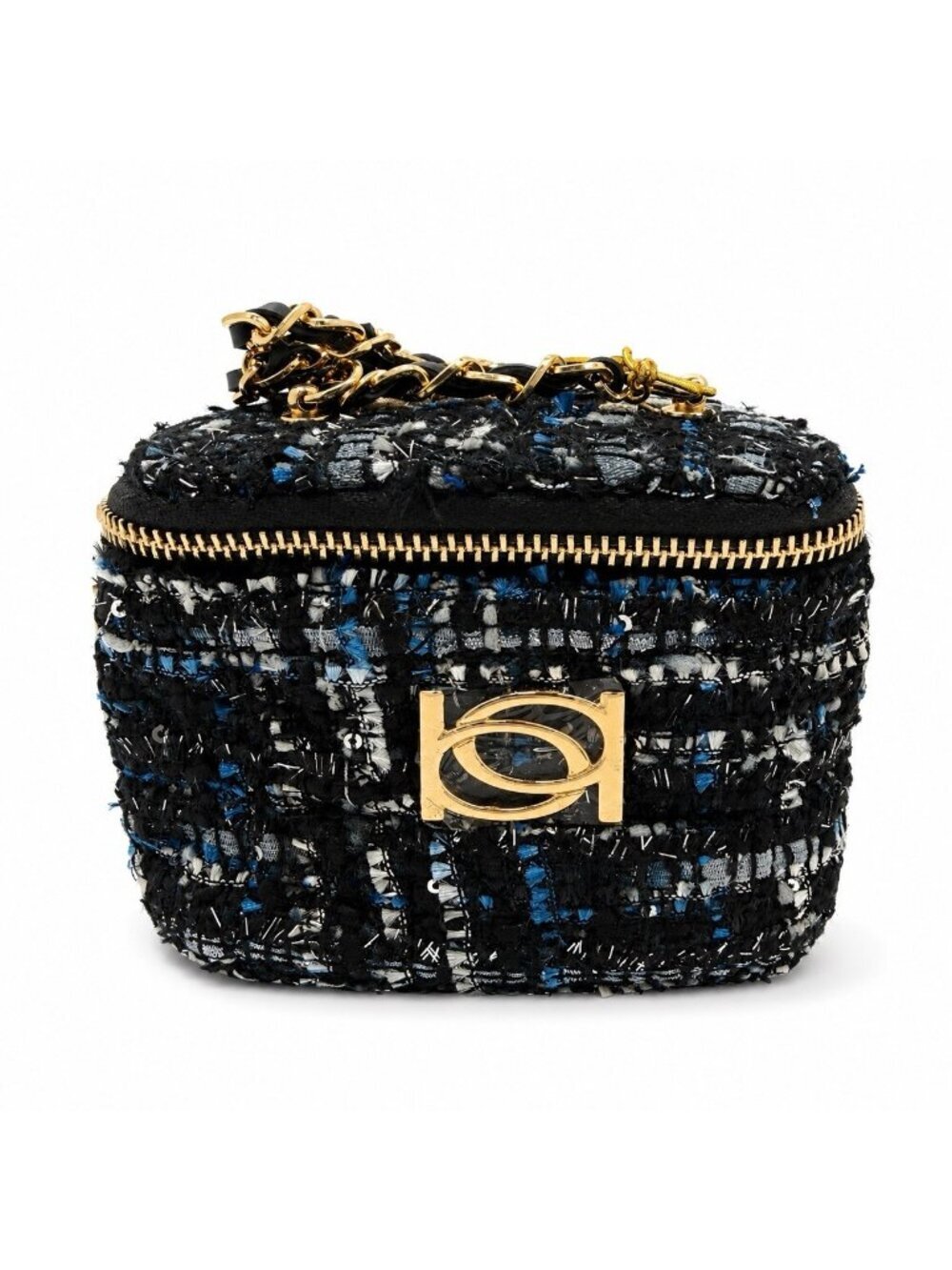 Bebe Kamala Mini Tweed Crossbody NWT Black Blue Gold Chain Vanity Bag Chanel
